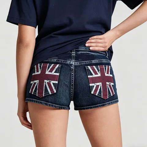 Dames Hoge Taille Denim Shorts Casual Slim Fit Zomer Hot Pants Met Union Jack Achterzak Print