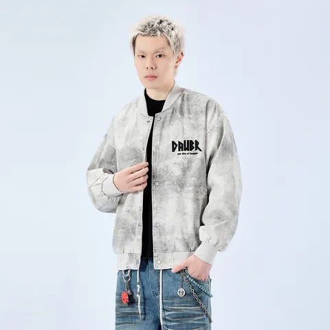 Giacca Casual Vintage Lavata da Uomo Retro Collo alla Coreana Manica Lunga Vestibilità Larga Ricamata con Lettere Capispalla Streetwear