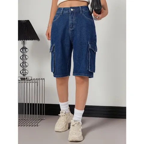 Shorts en Denim Rétro Américain pour Femmes Casual Taille Moyenne Jambe Droite Poches Cargo Été Basique Shorts en Denim