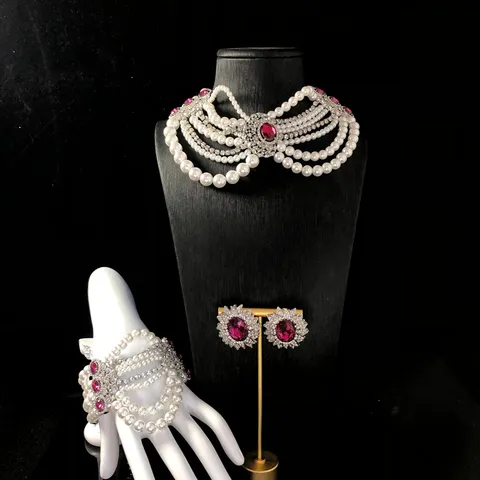 Vintage Multicapa Perla Artificial Collar Pulsera Diamante de Imitación Cristal Flor Pendientes Set de Joyería para Mujeres