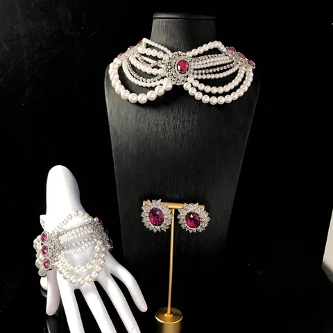 Vintage Multicapa Perla Artificial Collar Pulsera Diamante de Imitación Cristal Flor Pendientes Set de Joyería para Mujeres