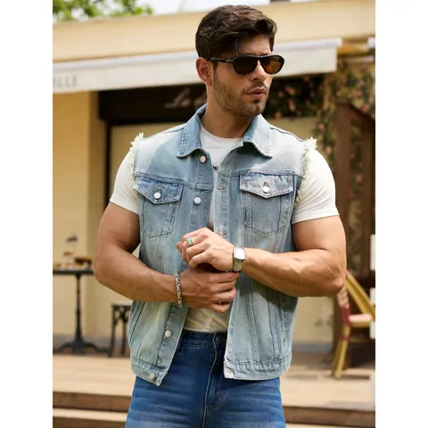 Herren Casual Jeans Weste Streetwear Ärmellos Rohkante Jeansjacke Locker Sitzend Mode Oberbekleidung Mit Kapuze