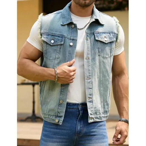 Herren Casual Jeans Weste Streetwear Ärmellos Rohkante Jeansjacke Locker Sitzend Mode Oberbekleidung Mit Kapuze