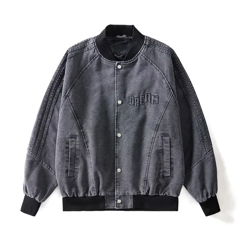 Giacca da Baseball in Denim Casual da Uomo Largo Ricamo di Lettere Collo Alto Bottone a Pressione Manica Lunga