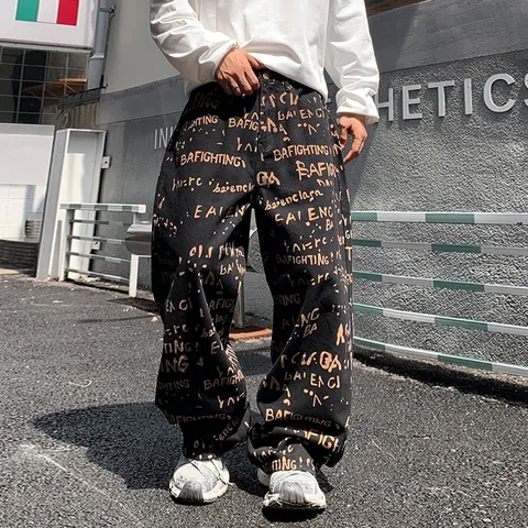 Men Casual Denim Jeans High Street Loose Straight Pants Vintage Letter Print Fashion Streetwear Denim Trousers Male