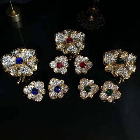 Vintage Luxe Strass Bloem Brooch En Oorbel Set Verguld Elegante Kristal Bloemige Sieraden Cadeau Voor Dames