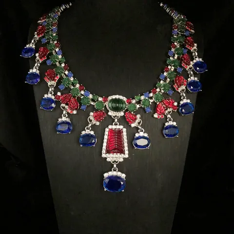 Conjunto Exagerado de Collar y Pendientes de Cobre con Strass Azul Y Rojo Cristal para Mujeres Joyería de Moda