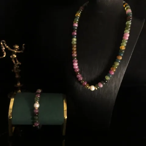 Vintage Natural Tourmaline Beaded Necklace Bracelet Cultured Pearl Copper Fashion Jewelry Set For Women Daily Gift