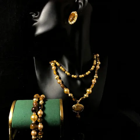 Retro Maillard Abalorios Ojo de Tigre Colgante Collar Pendientes Pulsera Conjunto Aleación de Zinc Perla Artificial Conjunto de Joyas para Mujeres