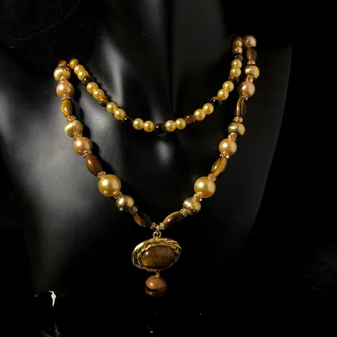 Retro Maillard Abalorios Ojo de Tigre Colgante Collar Pendientes Pulsera Conjunto Aleación de Zinc Perla Artificial Conjunto de Joyas para Mujeres