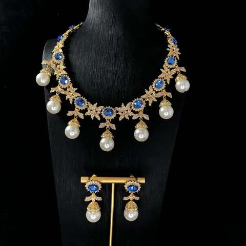 Collar Vintage de Lujo Zafiro Azul Verde Perla Artificial Colgante Borla Strass Pendientes Conjunto de Joyas de Moda para Mujeres