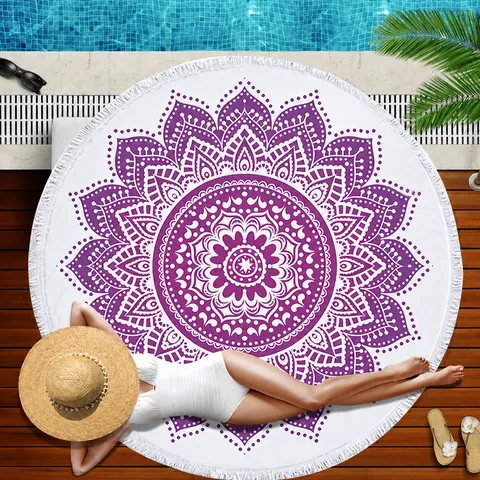 Retro Mandala Round Beach Towel Microfiber Beach Mat With Tassels Absorbent Quick-Drying Round Blanket Tapestry