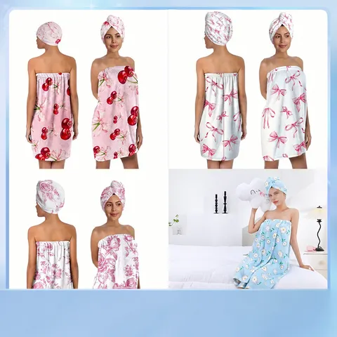 Set Gonna da Bagno Indossabile in Flanella Ispessita Con Cuffia per Capelli Asciutti Asciugamano Accappatoio Assorbente Floreale Carino per Donne