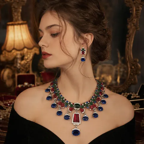 Conjunto Exagerado de Collar y Pendientes de Cobre con Strass Azul Y Rojo Cristal para Mujeres Joyería de Moda