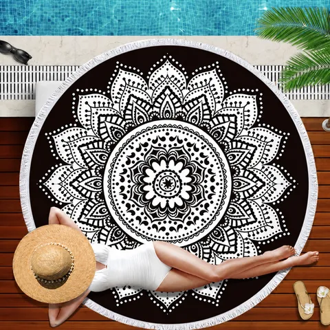 Retro Mandala Round Beach Towel Microfiber Beach Mat With Tassels Absorbent Quick-Drying Round Blanket Tapestry