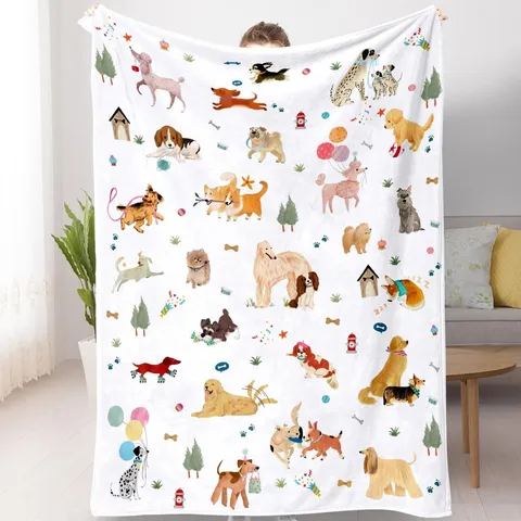 Flannel Cartoon Dog Blanket Crafted From Soft Polyester Fabric With Cute Puppy Prints, Ideal For Baby Bath Towels And Kids Bed Blankets