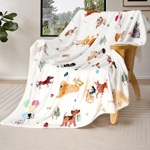 Flannel Cartoon Dog Blanket Crafted From Soft Polyester Fabric With Cute Puppy Prints, Ideal For Baby Bath Towels And Kids Bed Blankets