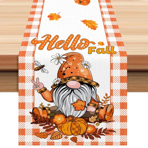 Fall Thanksgiving Table Runner Autumn Gnome Pumpkin Maple Leaves Linen Tablecloth Rustic Farmhouse Home Table Decor