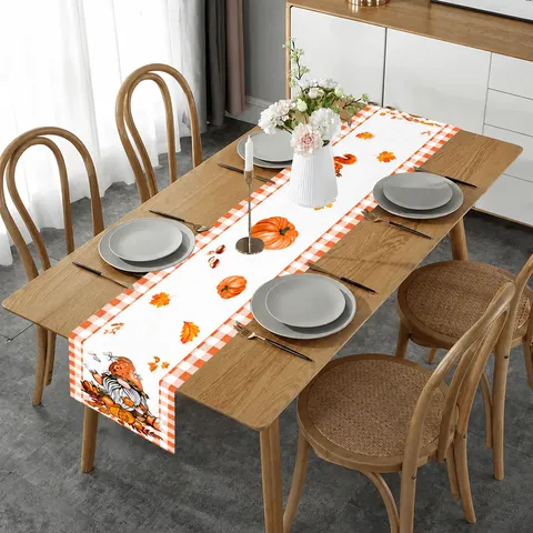 Fall Thanksgiving Table Runner Autumn Gnome Pumpkin Maple Leaves Linen Tablecloth Rustic Farmhouse Home Table Decor