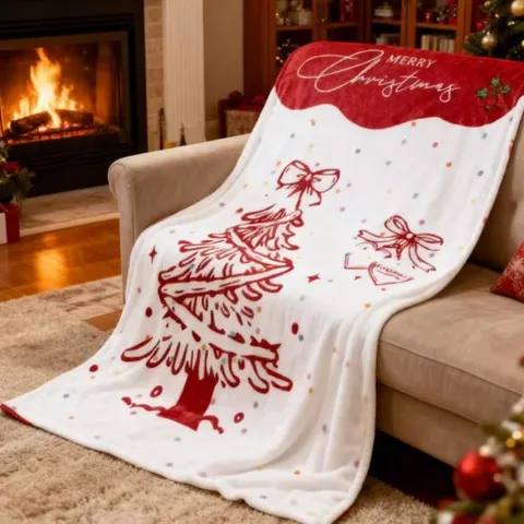 Christmas Flannel Blanket Merry Christmas Tree Reindeer Print Soft Warm Sofa Blanket Office Gift Throw Blanket