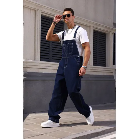 Salopette in Denim Casual da Uomo Gamba Dritta Larga Tasche Multiple Cargo