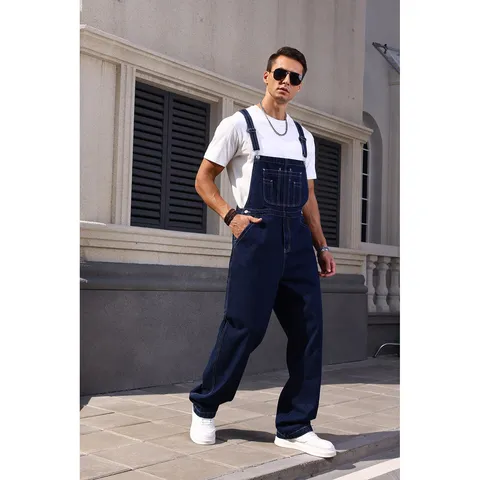 Salopette in Denim Casual da Uomo Gamba Dritta Larga Tasche Multiple Cargo