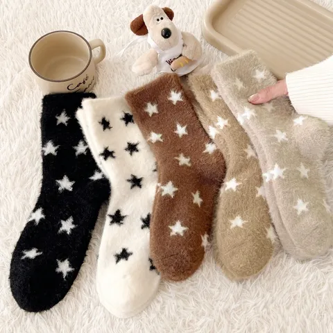 Chaussettes de Sommeil Mi-hautes Chaudes en Polaire Épaisse d'Hiver pour Femmes Motif Étoile Mignon Chaussettes Thermiques Confortables pour la Maison