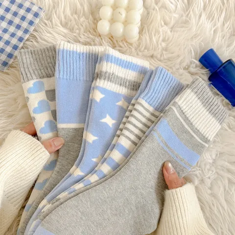 Chaussettes Mi-Bas Épaisses Chaudes d'Hiver pour Femmes Cœurs Étoiles Rayures Colorblock Thermique
