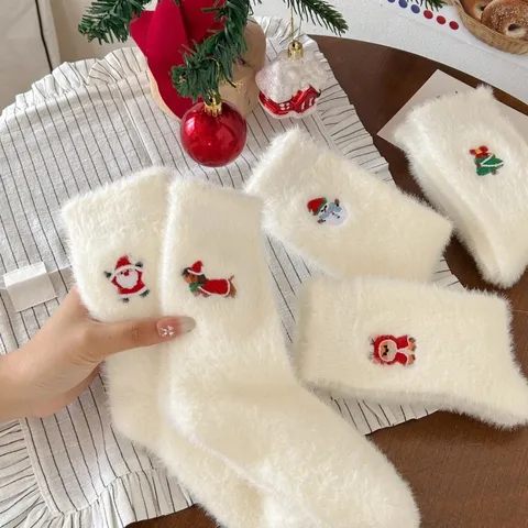 Chaussettes de Sommeil Chaudes et Moelleuses de Noël pour Femmes Chaussettes mi-hautes Thermiques d'Hiver Brodées de Dessins Animés Mignons