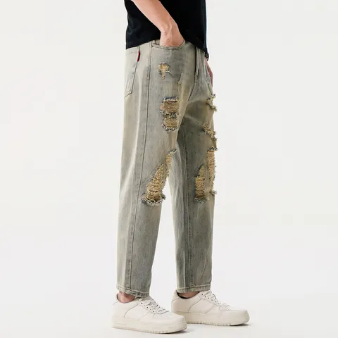 Mens Casual Loose Straight Leg Cropped Jeans Vintage Blue Distressed Washed Denim Pants American Retro Streetwear Fashion Trousers