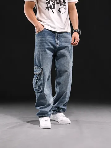 Herren Hip Hop Lose Weite Beinhose Cargo Jeans Lässige Gewaschene Denim Lange Hose Übergröße Streetwear Hose