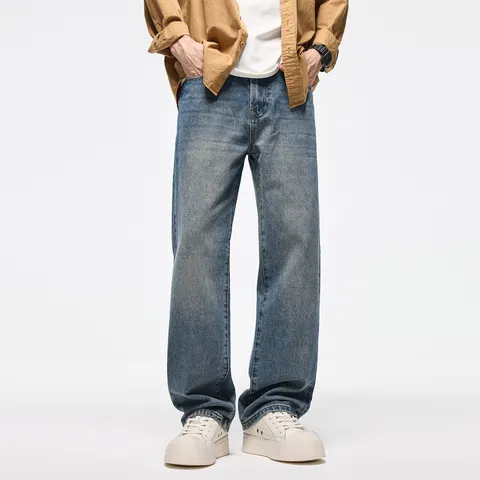 Unisex Retro High Street Lavato Blu Scuro Largo Dritto Gamba Larga Mopping Jeans Casual Pantaloni in Denim Misto Cotone