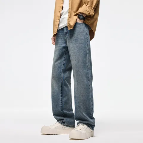 Unisex Retro High Street Lavato Blu Scuro Largo Dritto Gamba Larga Mopping Jeans Casual Pantaloni in Denim Misto Cotone