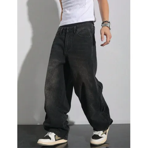 Herren High Street Lose Weite Bein Jeans Vintage Gewaschen Casual Denim Hose Oversized Gerade Hose