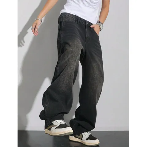 Herren High Street Lose Weite Bein Jeans Vintage Gewaschen Casual Denim Hose Oversized Gerade Hose