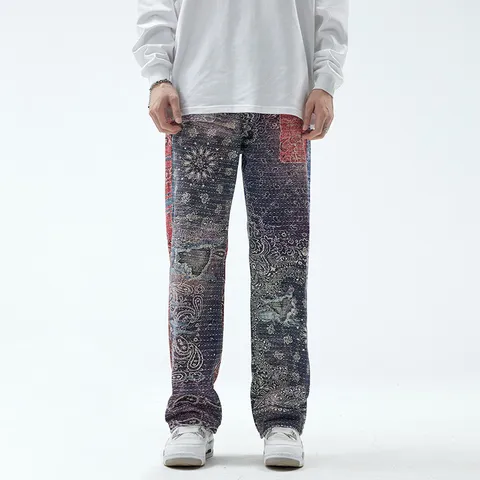 Men's Hip Hop Casual Loose Straight Leg Jeans Vintage Paisley Printed Denim Pants Streetwear Fashion Long Trousers
