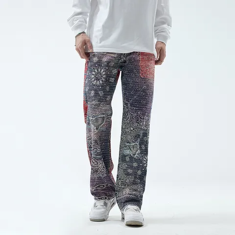 Men's Hip Hop Casual Loose Straight Leg Jeans Vintage Paisley Printed Denim Pants Streetwear Fashion Long Trousers