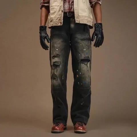 Herren High Street Distressed Graffiti Denim Jeans Lose Gerade Freizeithose Vintage Streetwear Hose