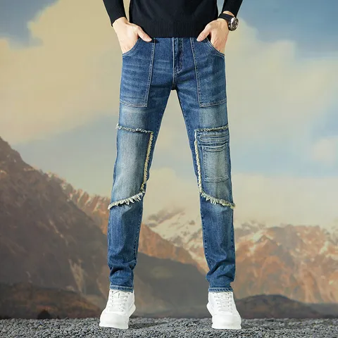 Vaqueros de Mezclilla Casual para Hombre Multibolsillos Patchwork Borde Sin Pulir Pantalón Recto Elástico Streetwear Moto Denim