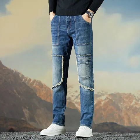 Vaqueros de Mezclilla Casual para Hombre Multibolsillos Patchwork Borde Sin Pulir Pantalón Recto Elástico Streetwear Moto Denim