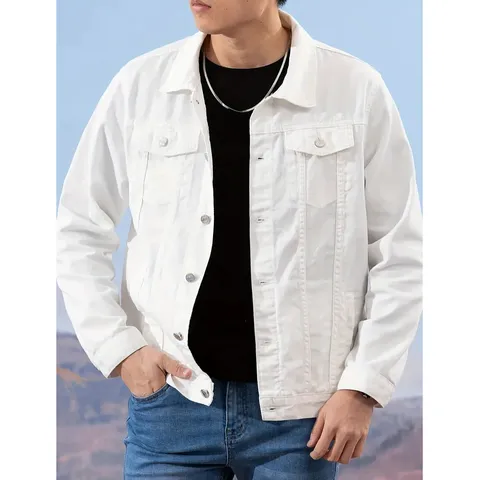 Men's Casual Solid Color Cotton Denim Jacket Classic Turn-Down Collar Single-Breasted Long Sleeve Thin Outerwear