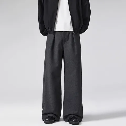 Herren Casual Weite Hosen aus Wollstoff Lockere Passform Gerade Hosen Herbst Winter Old Money Stil Pendler Lange Hosen