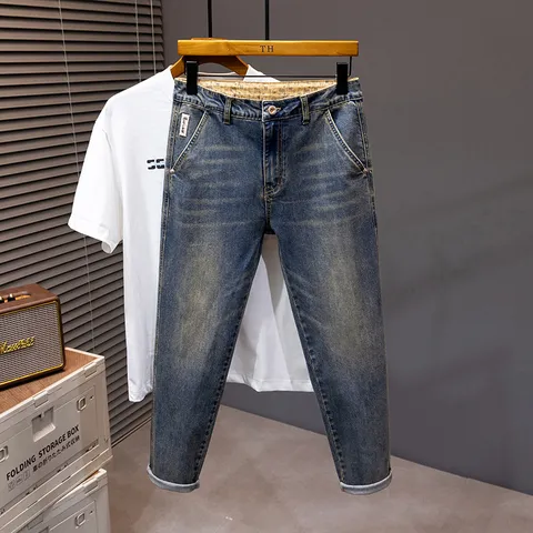 Jeans Corti da Uomo Retro Lavati Distressed Americano Classico Vita Media Gamba Dritta Pantaloni in Denim Casual