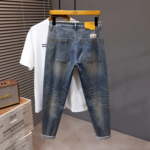 Jeans Corti da Uomo Retro Lavati Distressed Americano Classico Vita Media Gamba Dritta Pantaloni in Denim Casual