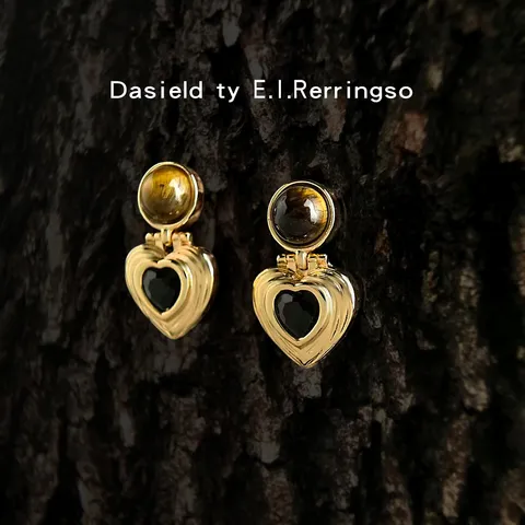 Retro Natural Tiger's Eye Zircon Heart Dangle Earrings Vintage Gold Plated Geometric Ear Jewels For Women Jewelry Gift