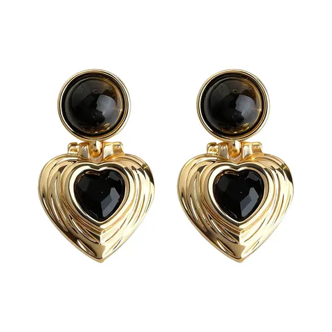 Retro Natural Tiger's Eye Zircon Heart Dangle Earrings Vintage Gold Plated Geometric Ear Jewels For Women Jewelry Gift