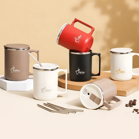 Tasse Isotherme en Acier Inoxydable 304 Avec Couvercle et Paille Double Paroi Tasse à Café pour Bureau et Voyage