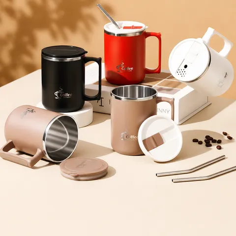 Tasse Isotherme en Acier Inoxydable 304 Avec Couvercle et Paille Double Paroi Tasse à Café pour Bureau et Voyage