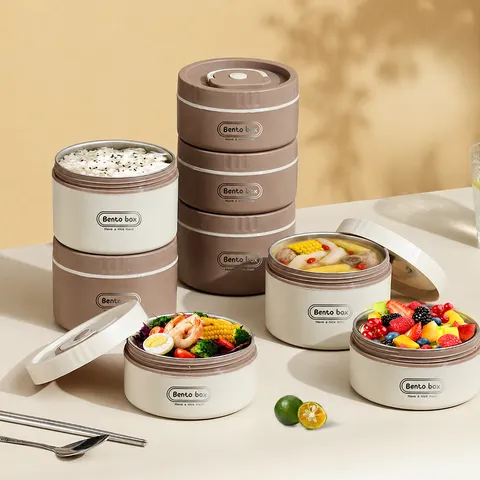Boîte à Lunch Isoliert en Acier Inoxydable 304 Double Couche Portable Bento Box Récipient de Repas Rond pour Étudiant Employé de Bureau