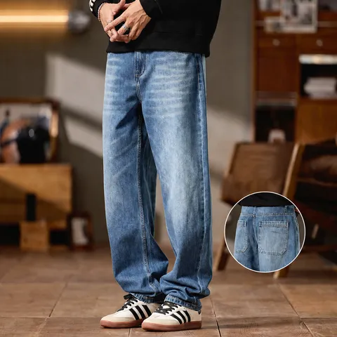 Mens Casual Loose Straight Leg Jeans Vintage Washed Denim Pants Streetwear Retro Cotton Blend Long Trousers